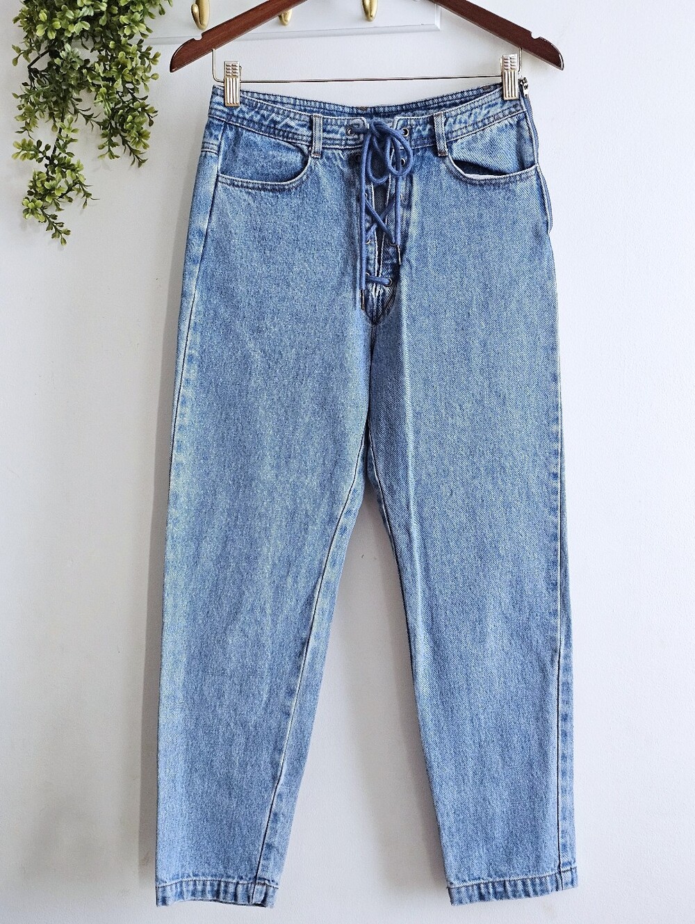 Which We Want Lace Up Jeans Size S Light Wash High Rise Side Zip Denim